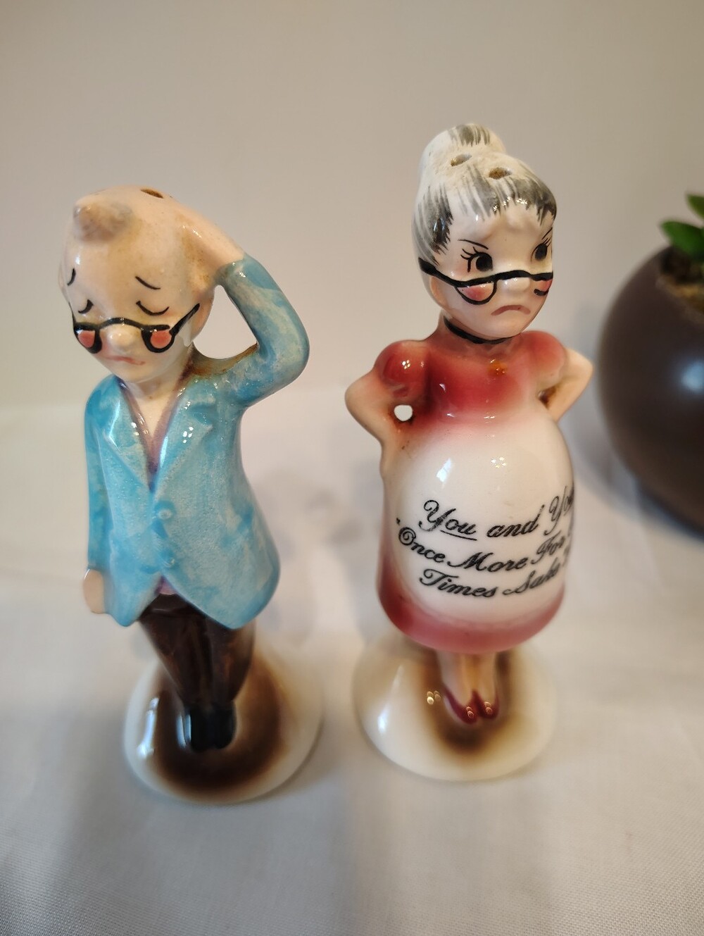 1950's Vintage Porcelain Salt & Pepper Shakers.  Granpa & Grandma.